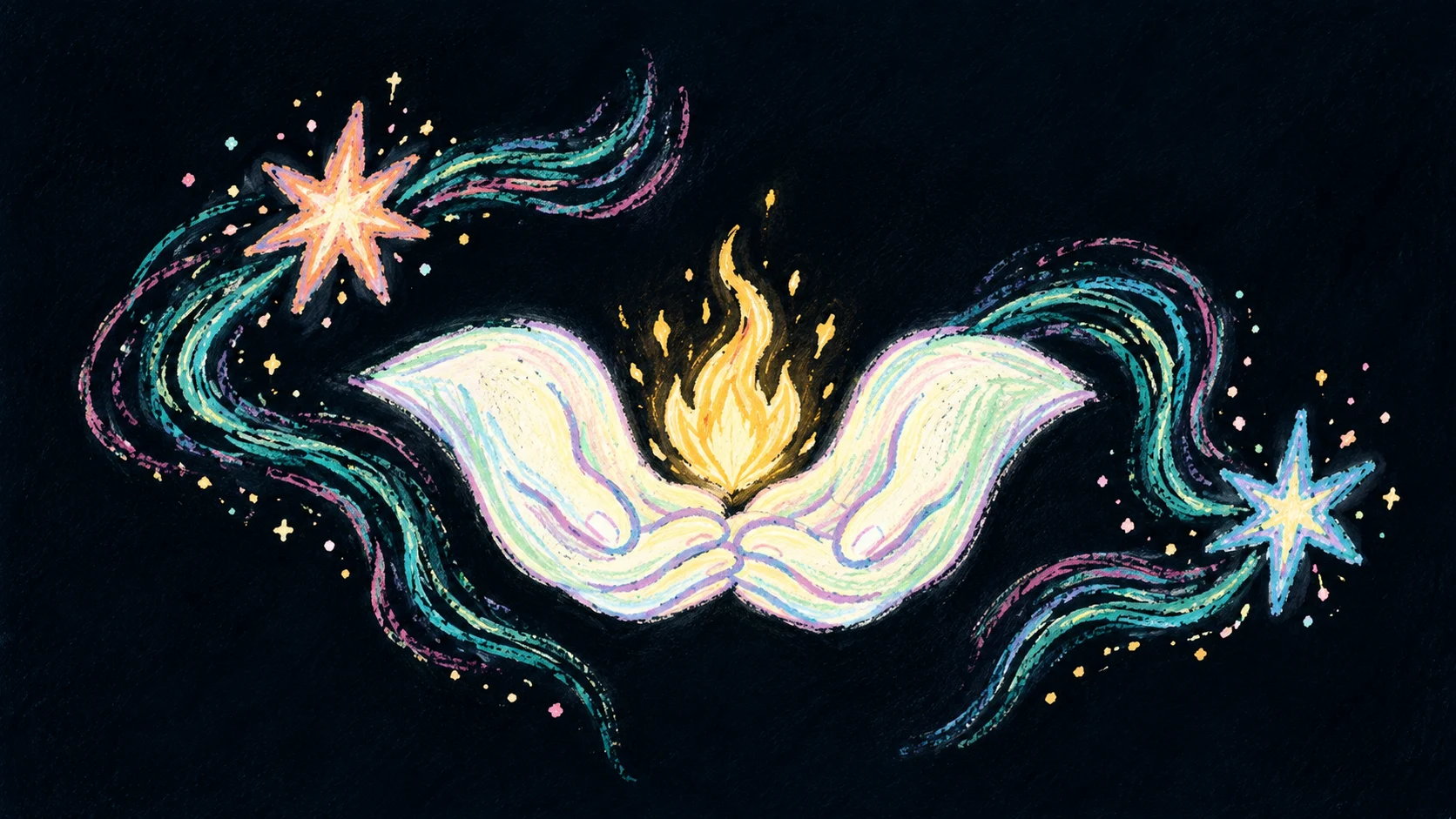 Thick wax-pencil strokes of two hands holding a small flame