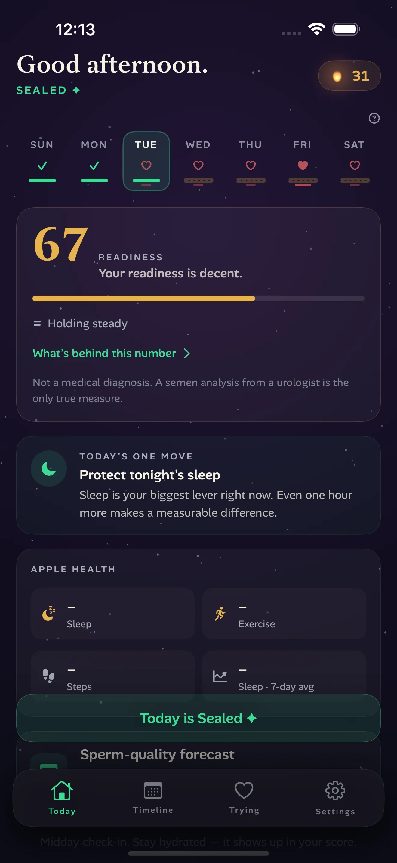 Example FirstBorn app Today screen with daily tracking and a readiness card