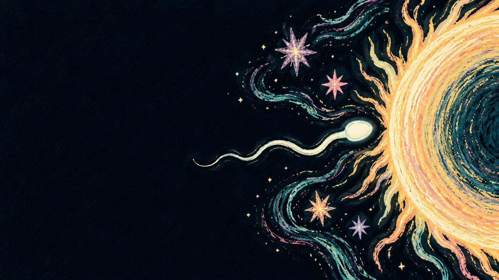 A hand-drawn sperm approaching a luminous egg